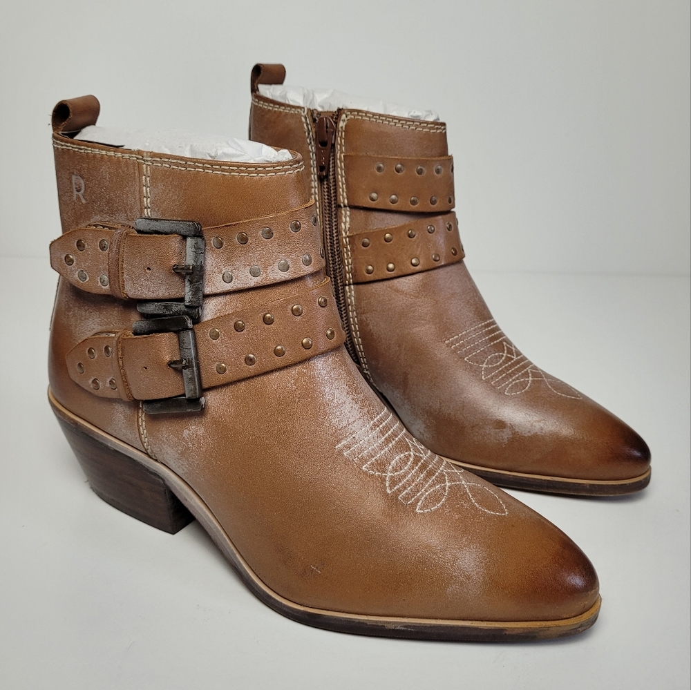 ROAN BY BED STU VILLE TAN WHITE BUCKLE WESTERN BOOTIES POINTED TOE 6 NWB
